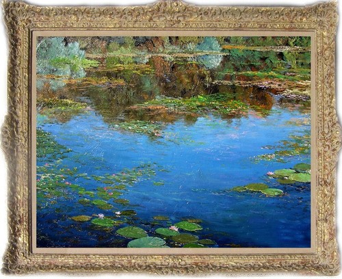Altmeister-Kunst Antik Ölgemälde Landschaft Seerosen auf Leinwand 30"x40"