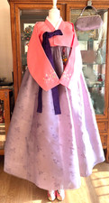 Korean Traditional Dress Silk Hanbok-Peach  Grey Violet/ Petticoat  Hanbok Bag