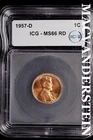1957-D Lincoln Wheat Cent-ICG MS 66 RD Choice Gem BU No Reserve #SLM55