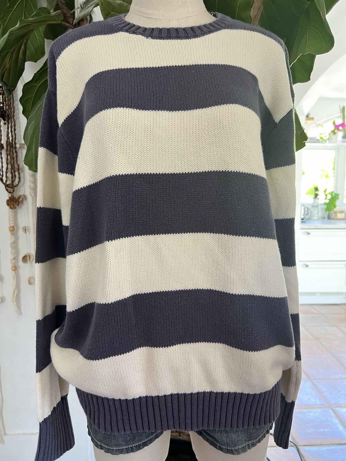 Brandy Melville Crew Neck Navy & Ivory, Cotton Stripe Sweater, One size