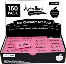 Artellius Teacher Supplies Erasers - Pink  150-Count - Pencil Erasers Classroom