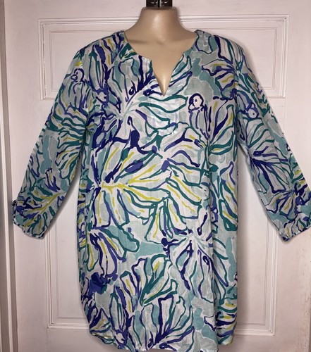 Lilly Pulitzer Oasis Tunic Cover Up Blue Green Palm Leaf Bird Size Large