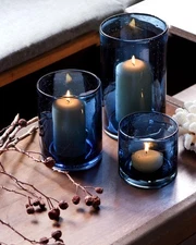 Blue Candle Holder for Pillar Tealights Modern Bubbles Glass Hurricane Cylind...