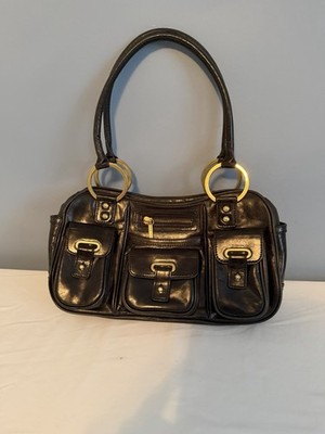 VINTAGE SHINY BLACK LEATHER CHARLES DAVID BAG WITH GOLD METAL ACCENTS