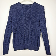 J. Crew Cable Knit Sweater Men's Medium Navy Cotton Crewneck Fisherman Chunky
