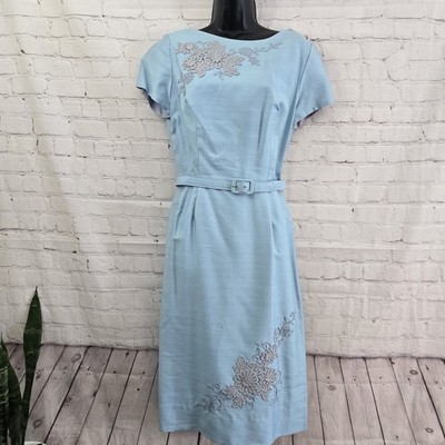 60s Henry Lee Robbin Egg Blue Easter Shift Dress M Embroidered crochet flowers