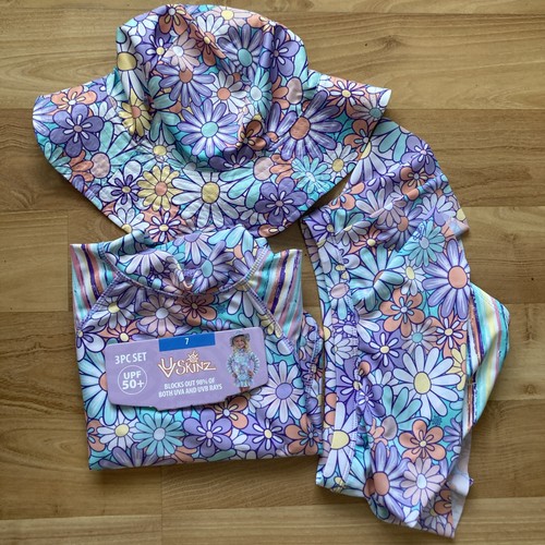 UV Skinz Set da bagno 3 pezzi per ragazze UPF 50+ maglietta/gonna/cappello, viola taglia 7 - Foto 5 di 5