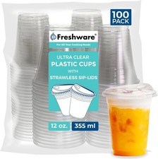 12 oz Clear Disposable Plastic Cups W/ Strawless Sip Lids 100 Pack Clear Plastic