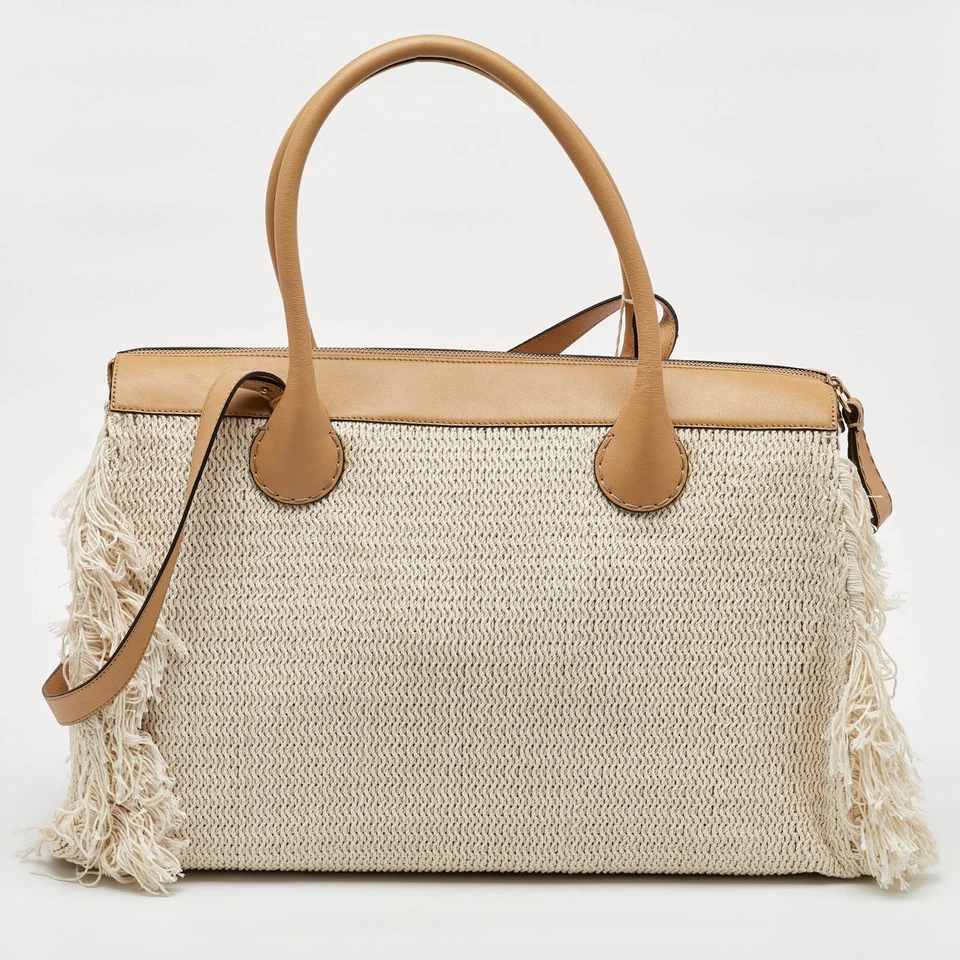 Chloe Cream/Tan Leather and Linen Fringe Edith Oversized Day Bag - Image 4 of 4