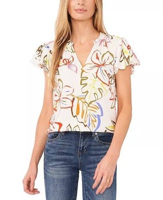 CeCe Tropical Print V Neck Flutter Sleeve Blouse Size L NWT Casual Summer Top