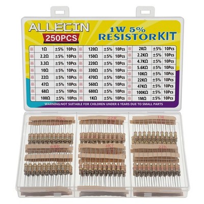 25 Values 1W Carbon Film Resistor Kit from 1 Ohm to 1M Ohm 1 Watt 5% Resistors