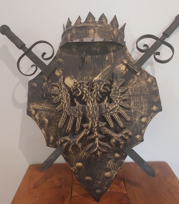 Vintage Medieval Cast Metal Coat Of Arms Dragons Shield With Swords Wall Art