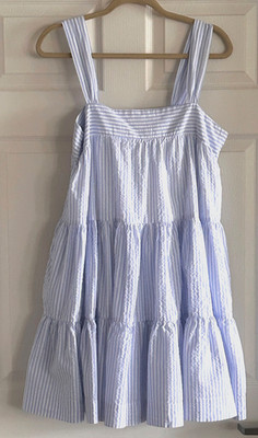 MINKPINK Milani Tiered Mini Dress XL Blue White Stripe Seersucker Pockets Smocke