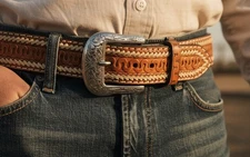 Western Cowboy Ranger Tooled‎ Tan Leather Belt Whip Stitch Serpentine Size 40