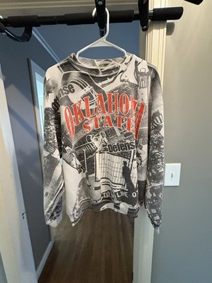 Vintage Oklahoma State Football All Over Print Sweatshirt Gray Black White 