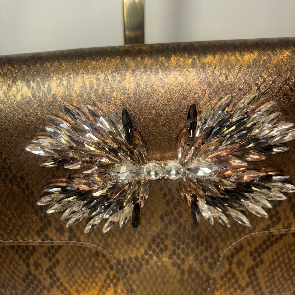 Gianni Bini Gold Metallic Rectangle Shaped Crossbody Purse Rhinestones Whimsical - Image 3 of 4