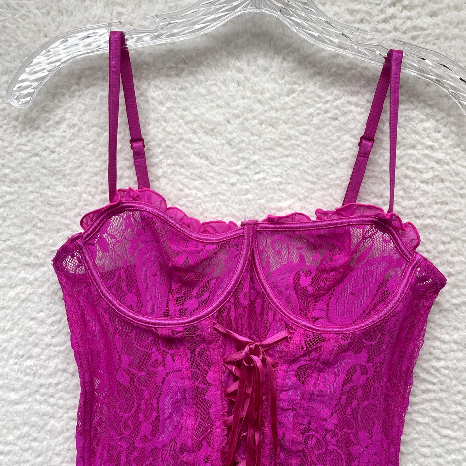 Sexy corsé bustier vintage Y2K grande rosa de encaje deshuesado con cordones eduardiano Foto 3 de 4