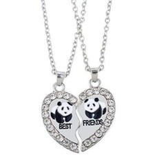 NEW BEST FRIEND Panda Heart Silver Tone 2 Pendants 2 Necklace BFF Friendship