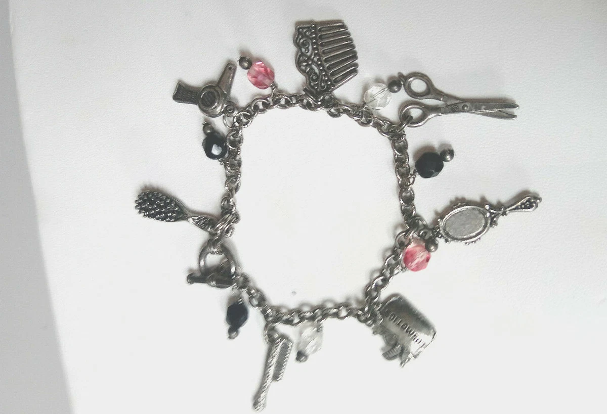Hair Stylist Charm Bracelet Silver Tone mirror comb cosmetic bag
