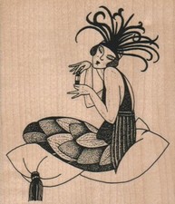 Flapper On Cushions 3 3/4 x 4 1/4" Rubber Stamp, Women Stamp, People Stamp