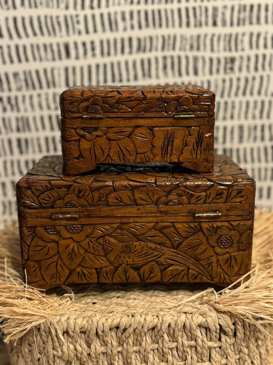 Chinese Carved Camphor Lacquered Wooden Boxes With Brass Closure