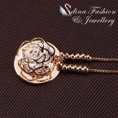 18K Rose Gold Filled Made With SWAROVSKI Crystal Bead Round Rose Flower Necklace - Picture 4 of 5