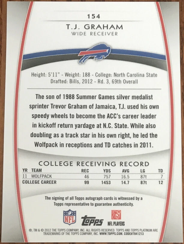 2012 Topps Platinum Rookie Autographs Refractors T.J. Graham #154 Buffalo Bills - Image 2 of 2
