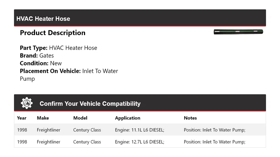 Manguera de calefacción de climatización Freightliner Century Class 1998 entrada a puertas de bomba de agua Foto 2 de 4