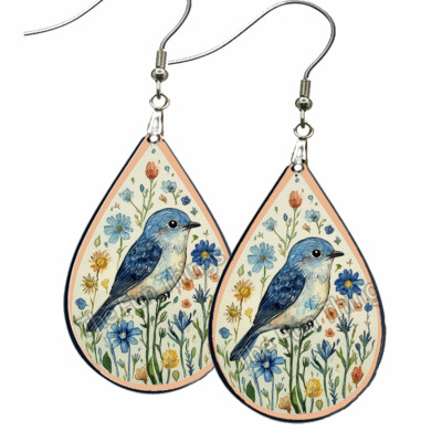 Blue Bird Folk Art Earrings Teardrop NO TARNISHING Wood Bird Lover Watcher Gift