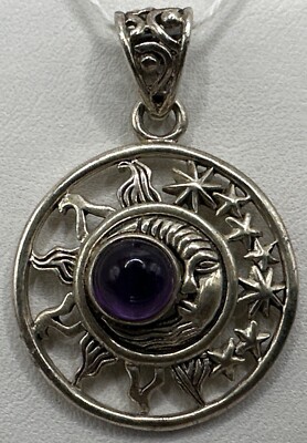 Sterling Silber Halbmond Mond Sonne und acht Sterne Amethyst Anhänger (6,00gr)