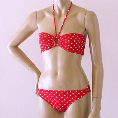 Bandeau Top and Full Coverage Bikini Bottom in Red Polka Dot