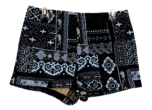 Ecote Damengröße 8 Shorts Gobelin hoher Bund Reißverschluss hinten Boho Hippie blau/schwarz