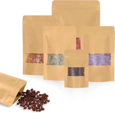 50Pcs Kraft Bags with Window 3.5X5.5 Inches Brown Reusable Sealable Zip Lock Foo