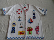 VTG The Quacker Factory Beach Scene Embroidered White Knitted Cardigan SZ Large
