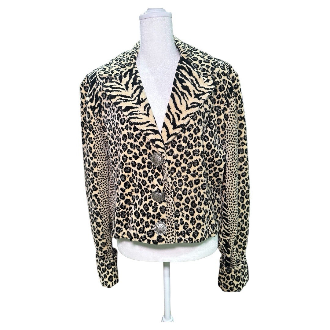 Giacca crop manica lunga arazzo stampa leopardata taglia M L pony dipinto vintage anni 90