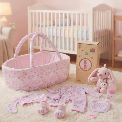 BABESIDE 8 Pcs Baby Doll Clothes Set with Bassinet for 12-15 Inch Dolls, Cute Bu