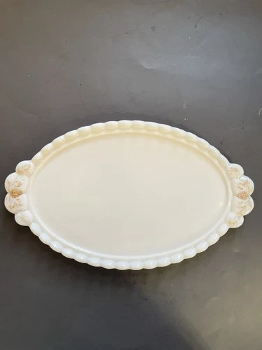 VTG Westmoreland Vanity Tray Milk Glass Paneled Grape Gold Detail