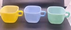 Vintage Glasbake Milk Glass Square Coffee Cups Blue Green Yellow USA Set Of 3