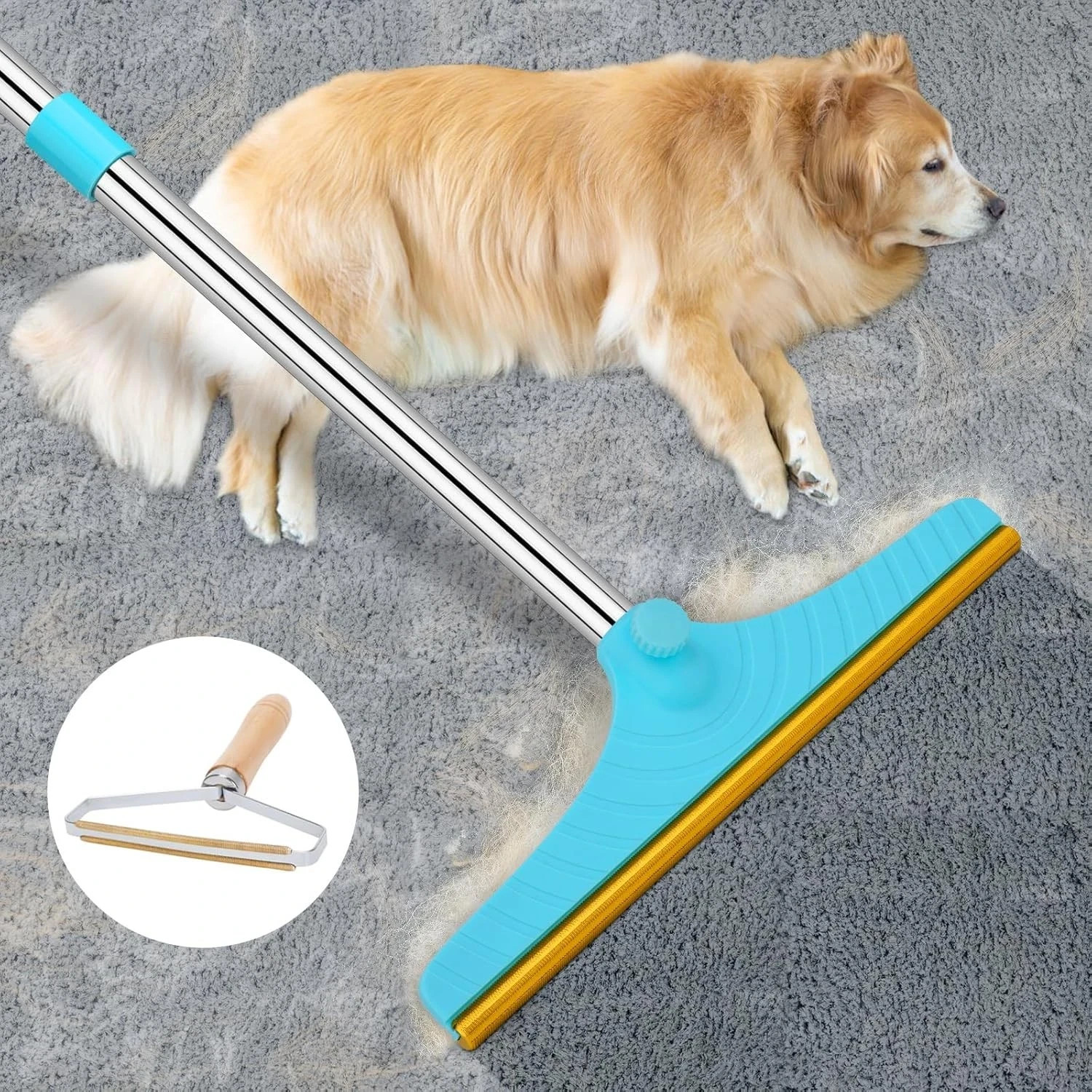 Carpet Rake Pet Hair Remover Reusable Dog Cat Hair Cleaner Adjustable 60" Handle