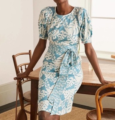 Boden Amanda Wrap Dress Womens 6 Blue White Floral Tie Waist Midi Dress