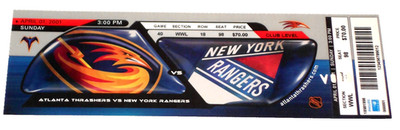 Atlanta Thrashers Vs New York Rangers Apr 1, 2001 Full Souvenir Void Game Ticket