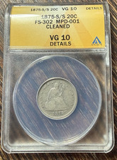 1875-S/S 20C FS-302 MPD-001 CLEANED TWENTY CENT PIECE GRADED ANACS VG10 DETAILS