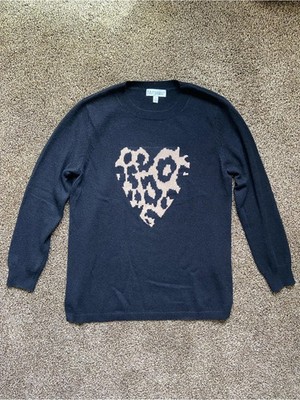 Neiman Marcus 100% Cashmere Heart Black Sweater Leopard Print Small