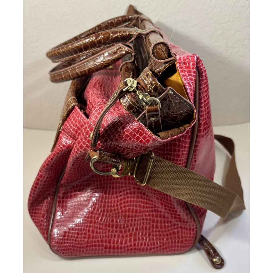 Samantha Burgundy Brown Faux Croc Embossed Weekender Carry On Dowel Travel Bag - Image 2 of 4
