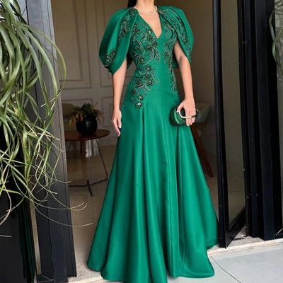 ebay emerald green dress Vintage Evening Dresses V-Neck Sleeveless Satin Applique Prom Gown emerald green quince dress with flowers