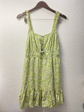 American Eagle Floral Viscose Tie-Front Babydoll Stretch Mini Dress L Green Boho