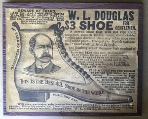 Antique Hanging Paper Glue on Wood Advertising W.L.Douglas Shoe $3 Man Best Shoe