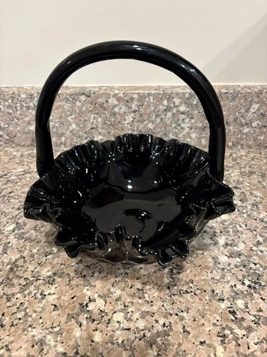 Vintage Fenton Black Amethyst Glass 8” Basket Handle Thumbprint. Unmarked