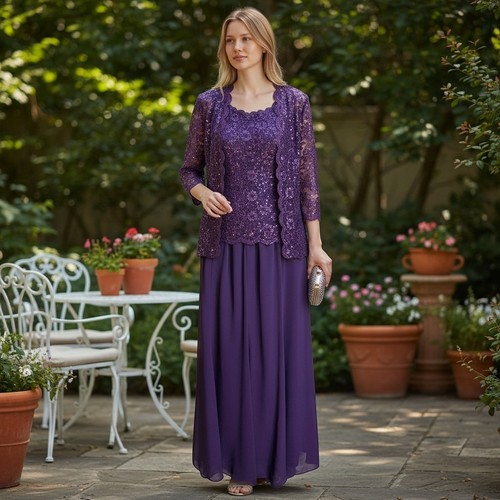 Alex Evenings Womens M/L 2pc Dress Set Purple Lace Sequin Jacket Maxi Formal