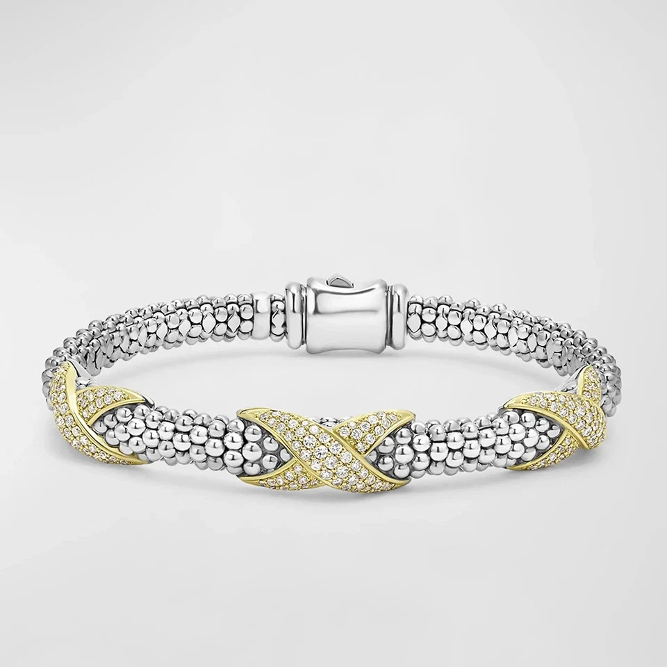 Pulseira de corda de pavê de diamante LAGOS prata esterlina e 18K. Novo com etiquetas! - Imagem 2 de 4